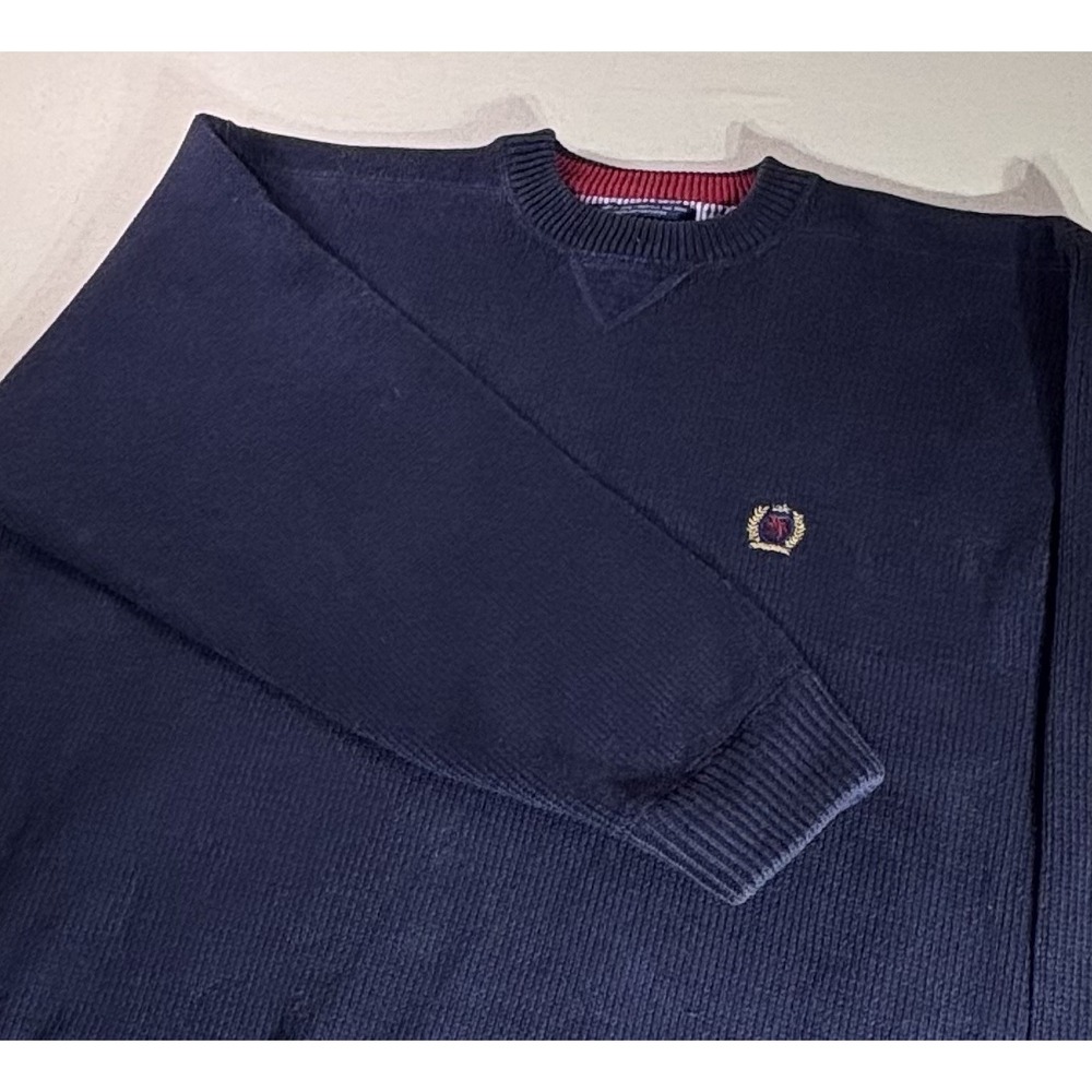 Vintage Tommy Hilfiger Crest Cotton Knit Sweater Mens Medium - Dark Blue Retro